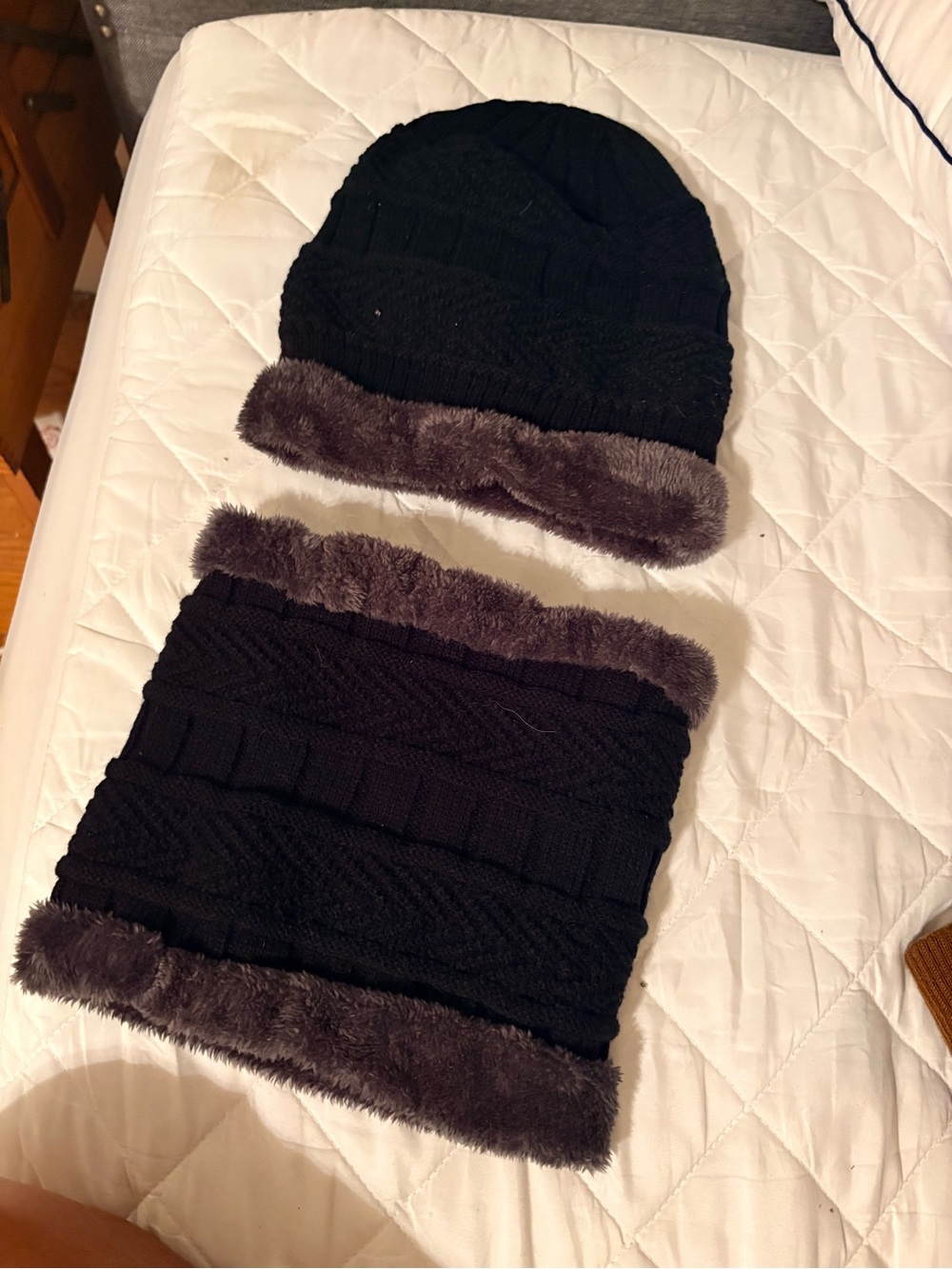 Black Knit Beanie and Neck Warmer Set with Gray Faux Fur Trim